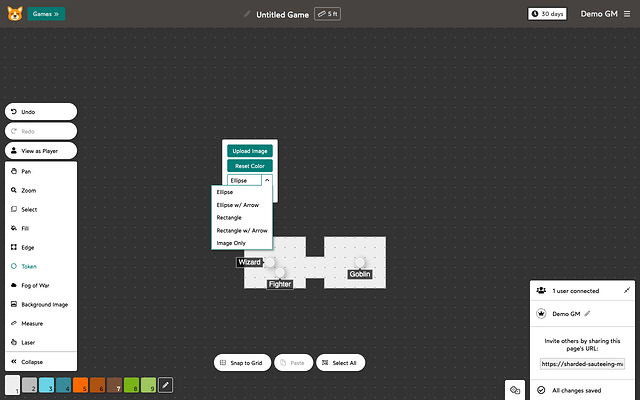 The token properties popup with the shape dropdown open