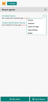 The game dropdown menu showing Archive, Duplicate, Export as Image, Export Backup, and Delete
