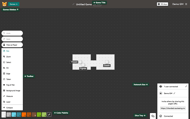 The Shmeppy interface with labels pointing to each area: Toolbar, Color Palette, Games Sidebar, Game Title, Dice Tray, and Network Box