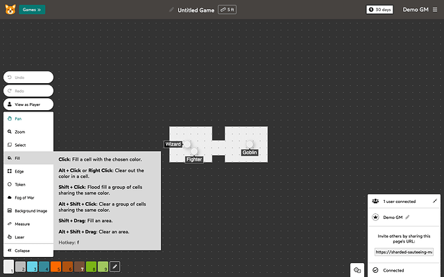 Hovering over the Fill tool shows a tooltip with all its actions and its keyboard shortcut